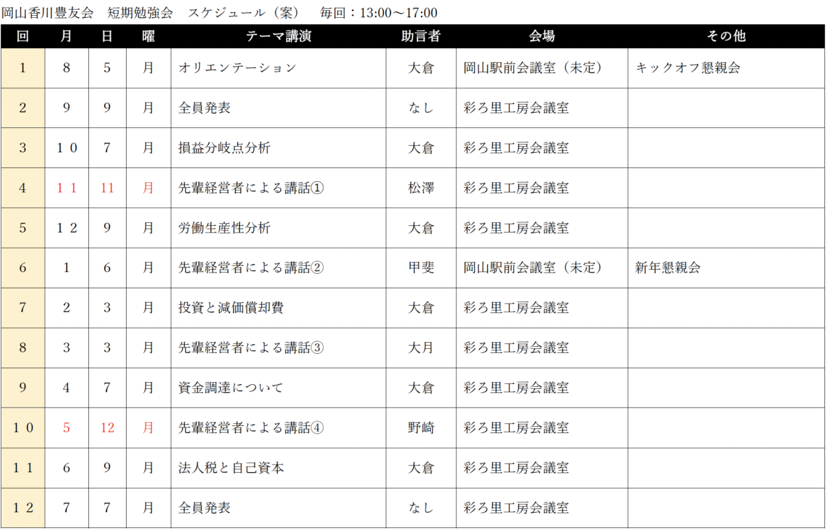 【岡山香川豊友会】8月～短期勉強会を開催します　スケジュール